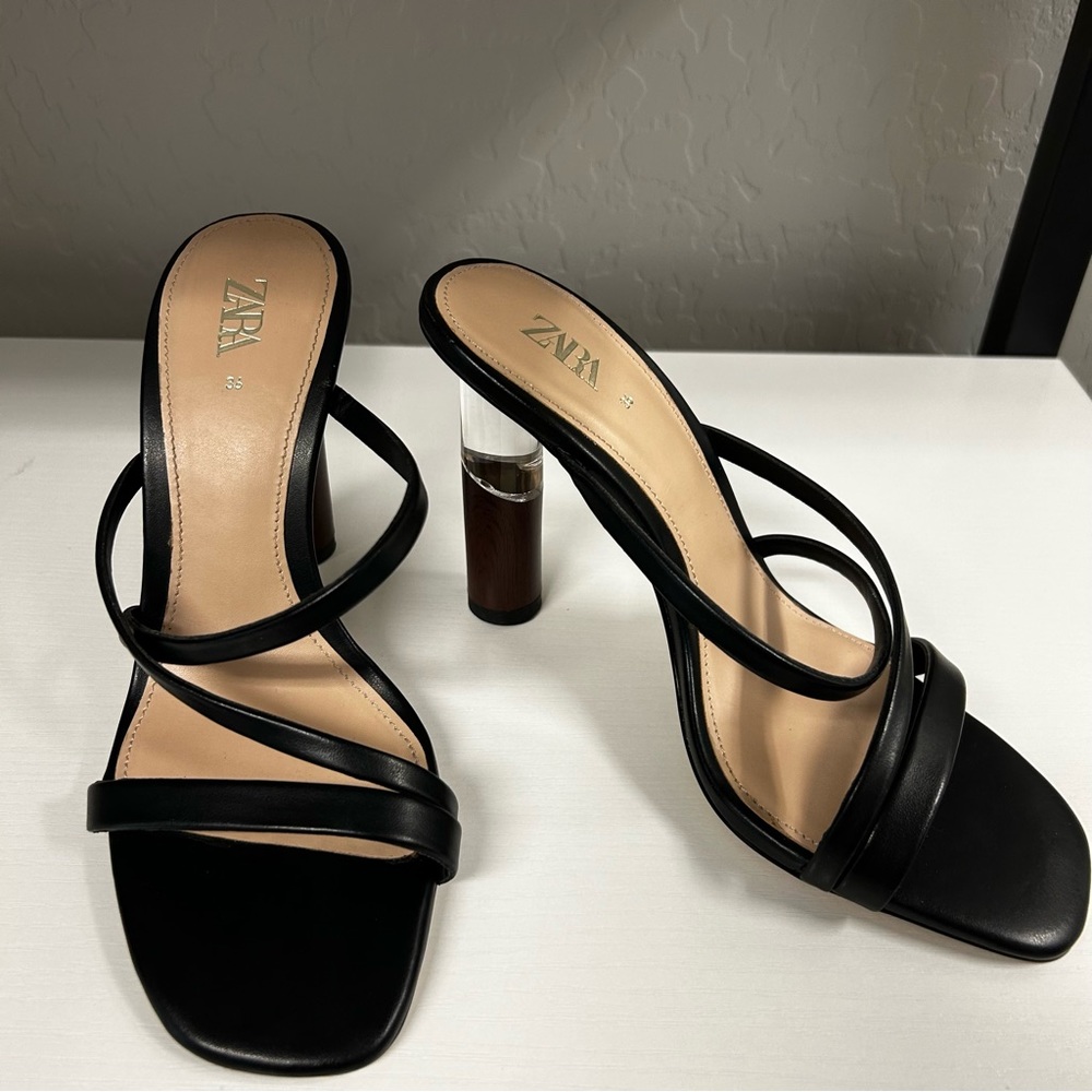 Zara | Contrasting Round Heeled Sandals | Size 36 | Black